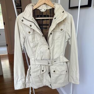 Barbour Cream Utility Jacket with Hood and Belted Waist